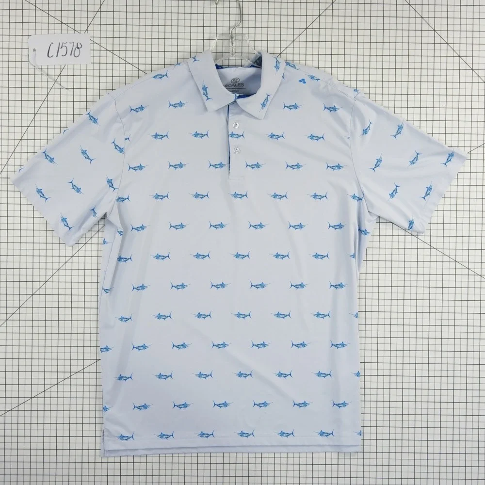 Scales Polo Shirt Men's Size Large Light Blue‎ Marlin Fish Performance Stretch